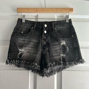 Black distressed denim shorts